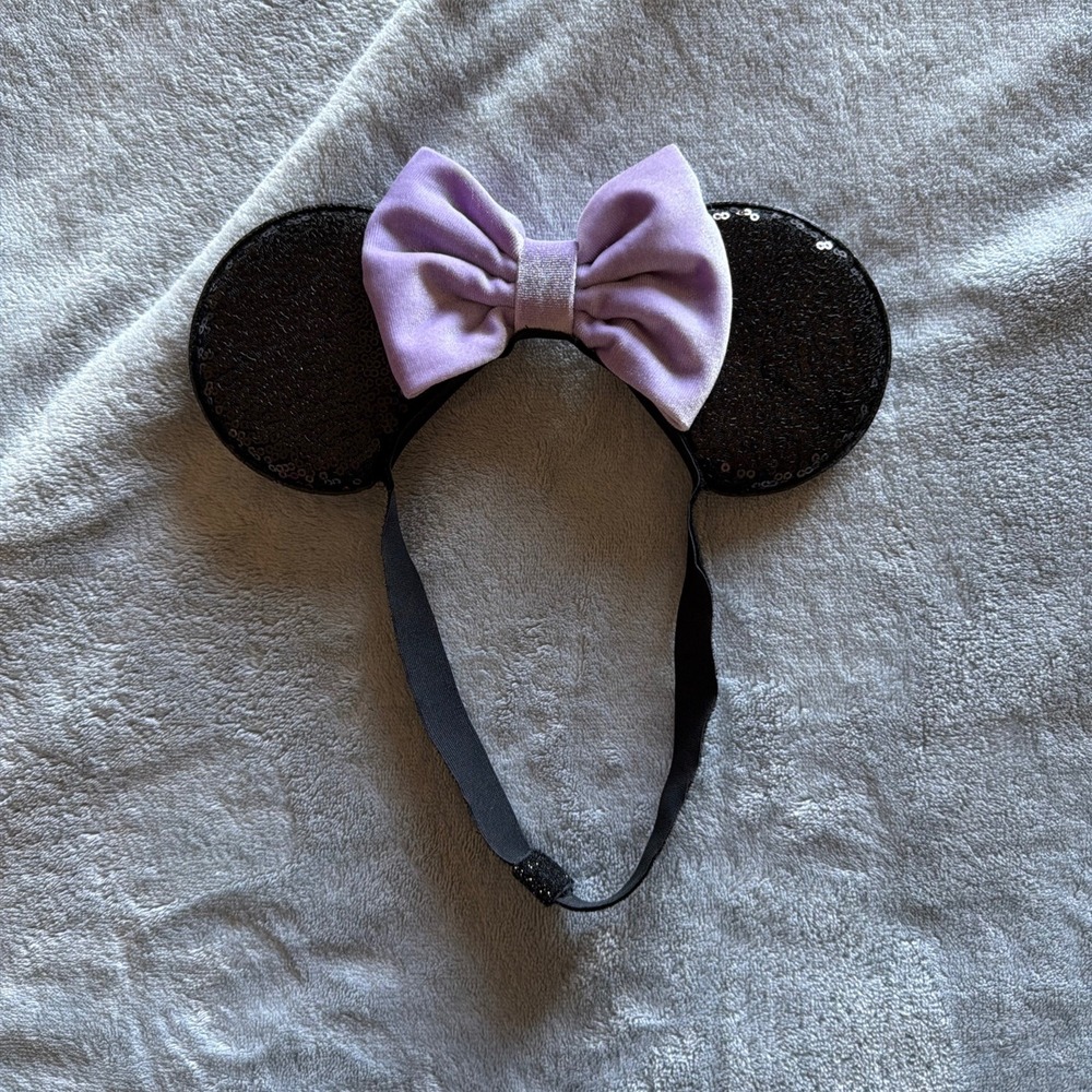Black Sequin Mouse Ears Headband Purple Velvet Bow Disney Parks Style - J092